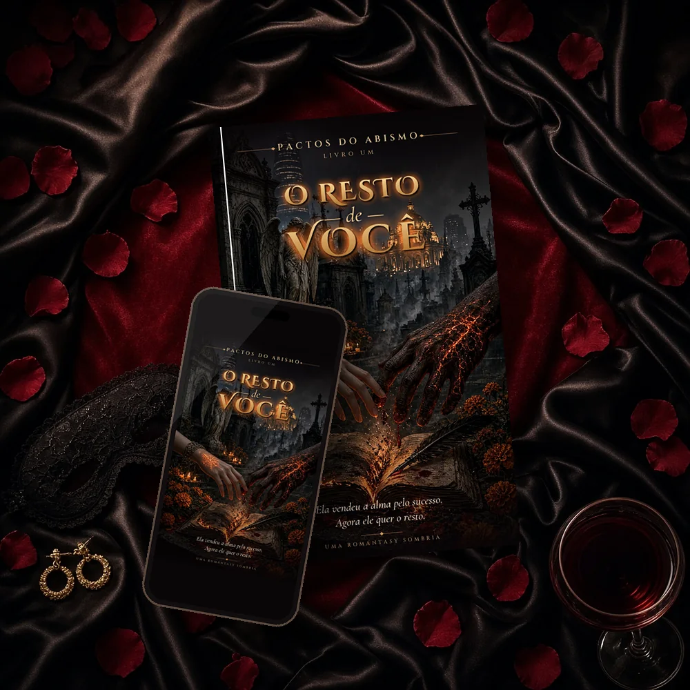 O ebook O Resto de Você no livro e no celular, sobre veludo e cetim, entre pétalas de rosa e uma taça de vinho